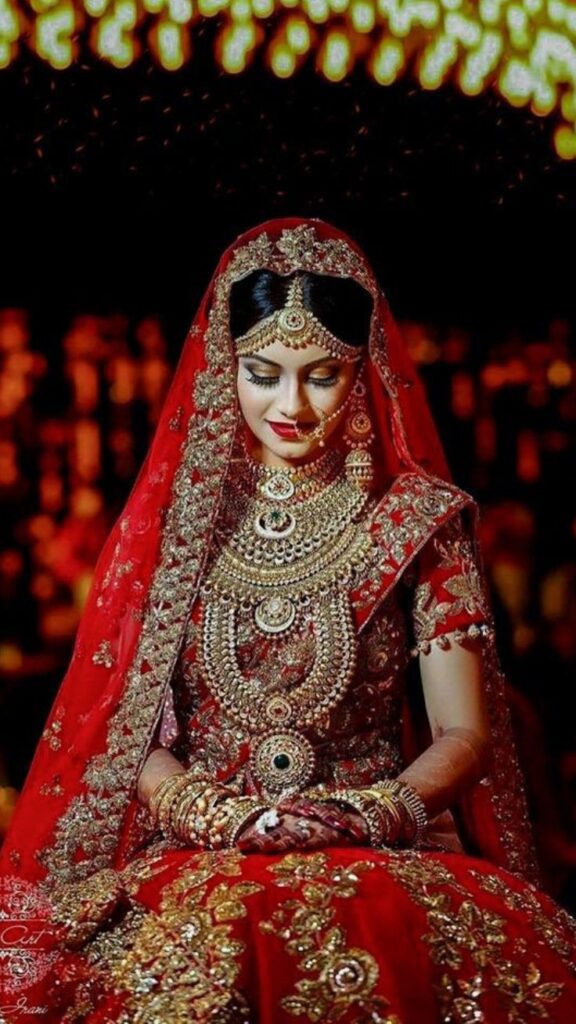 Elegant Indian bride in a red and gold embroidered lehenga, adorned with traditional jewelry, exuding grace and charm on her wedding day.