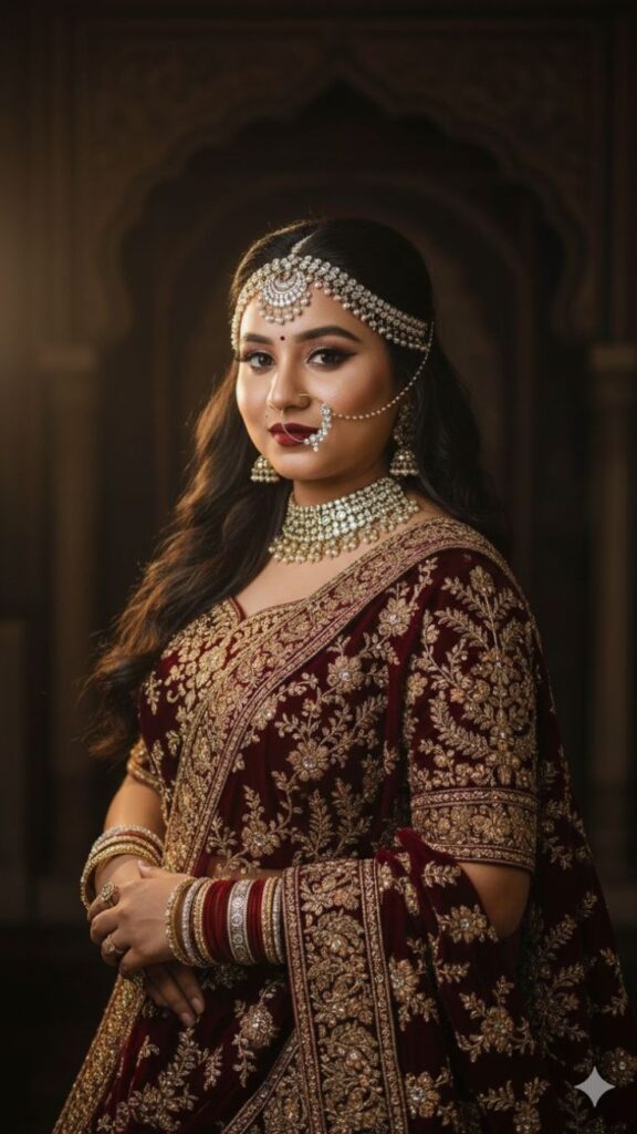 Indian bride wearing a red and gold lehenga with traditional jewelry, showcasing elegance and charm on her wedding day.