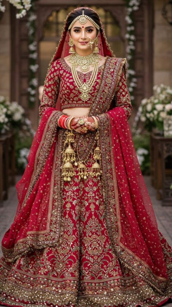 Beautiful Indian bride in a red and gold lehenga, adorned with traditional jewelry, glowing with elegance on her wedding day.