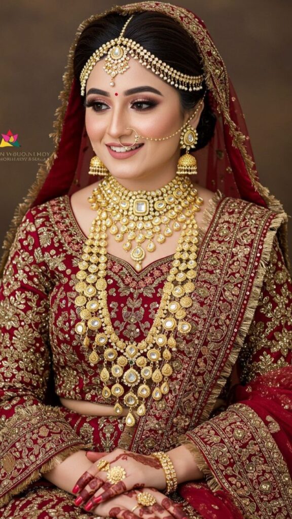 Indian bride in a red and gold embroidered lehenga with traditional jewelry, radiating elegance and grace on her wedding day.