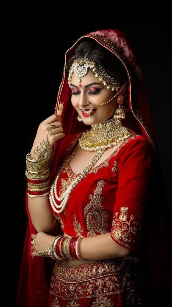 Indian bride wearing a red and gold embroidered lehenga with traditional jewelry, radiating elegance and grace on her wedding day.