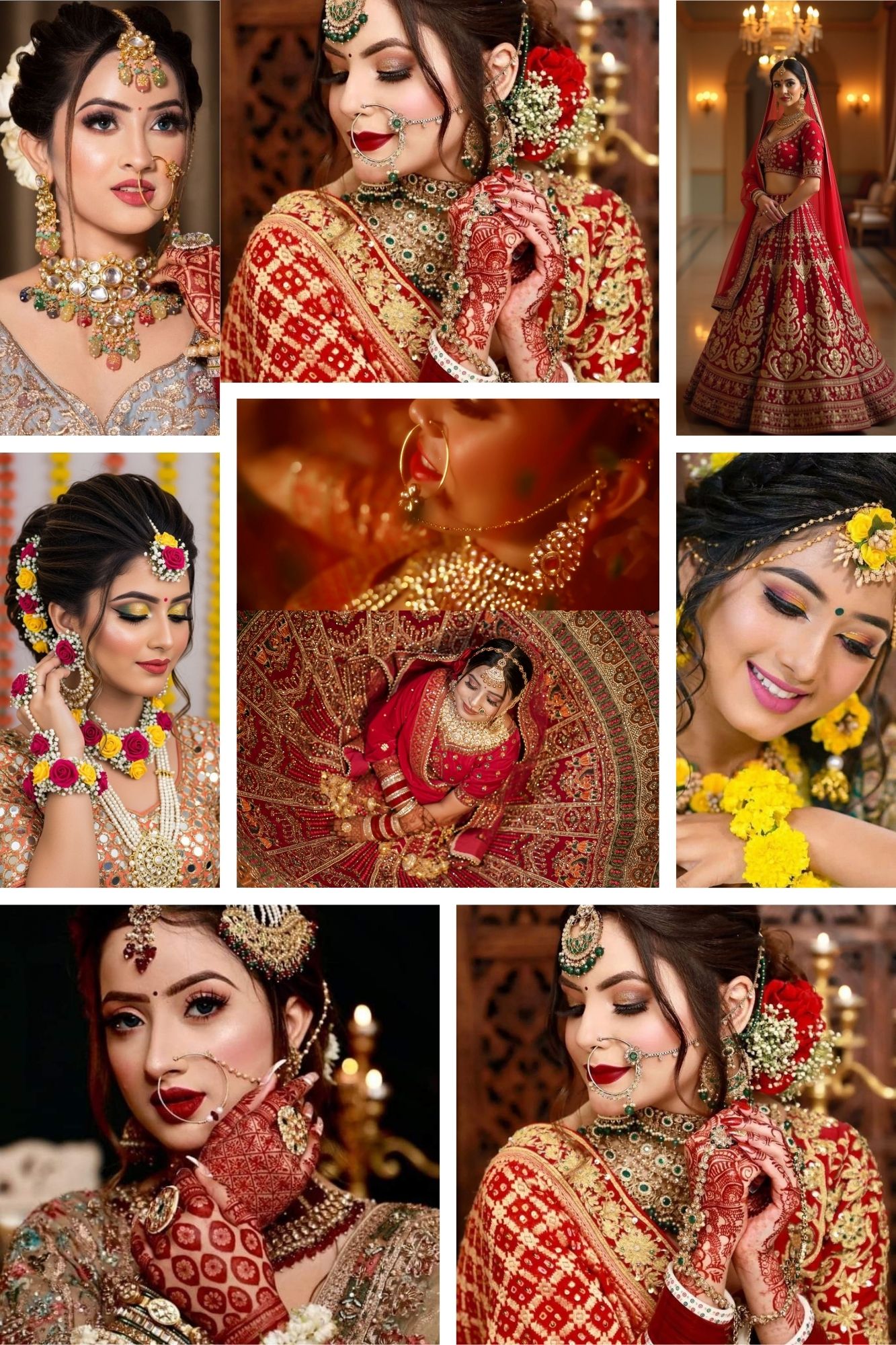 Collage of an Indian bride in a red and gold lehenga, featuring multiple angles and moments, adorned with traditional jewelry, radiating elegance and grace.